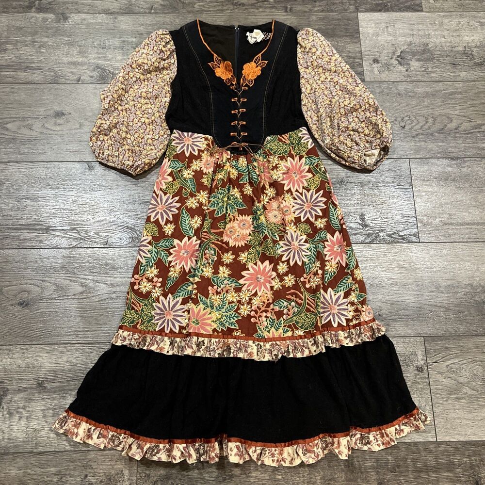 Vintage 70s Young Edwardian by Arpeja Prairie Floral Boho Sax Dress - A-2 (XS)